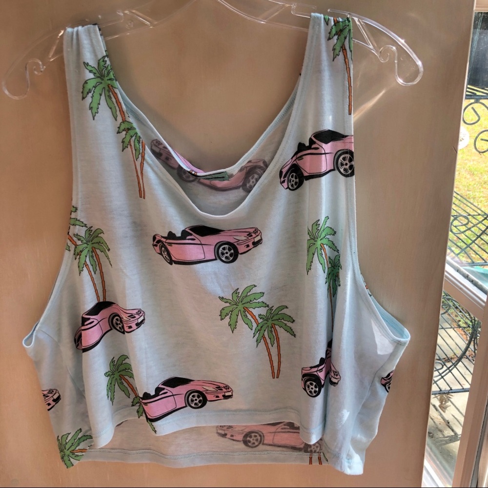 Workshop light blue car palm tree flowy crop top